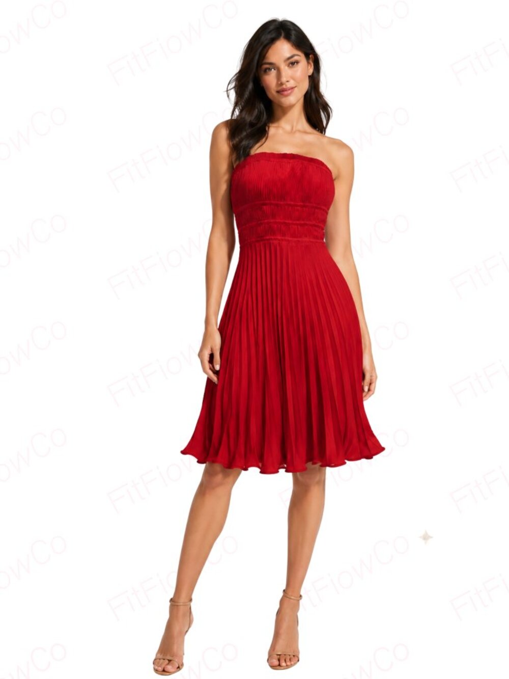 Taylor Sunburst Pleated Strapless Dress Red Size 8 NWT Removable Straps